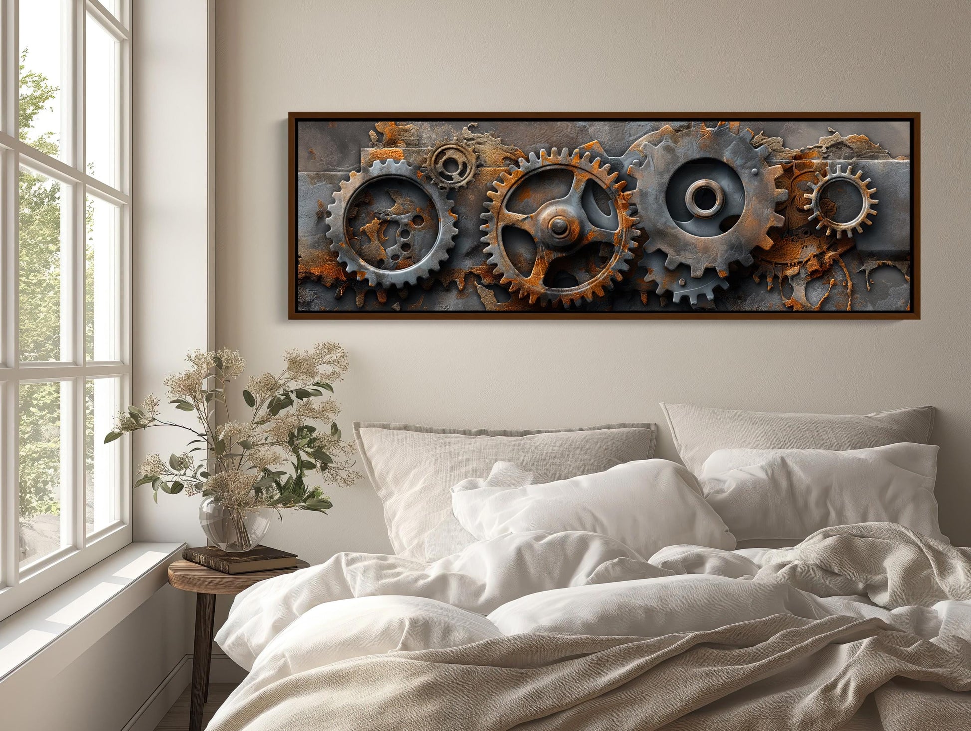 Metal Gears , Industrial Steampunk Panoramic canvas wall art shown above a bed