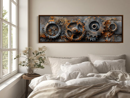 Metal Gears , Industrial Steampunk Panoramic canvas wall art shown above a bed