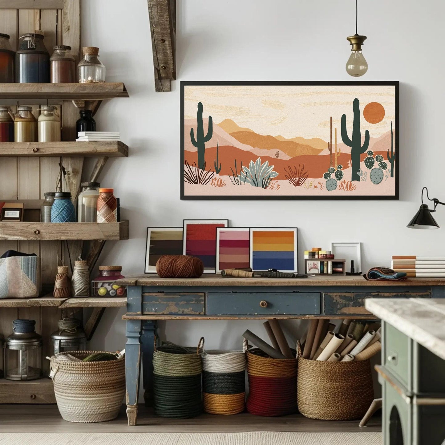 Desert Cacti canvas wall art shown in a styled interior