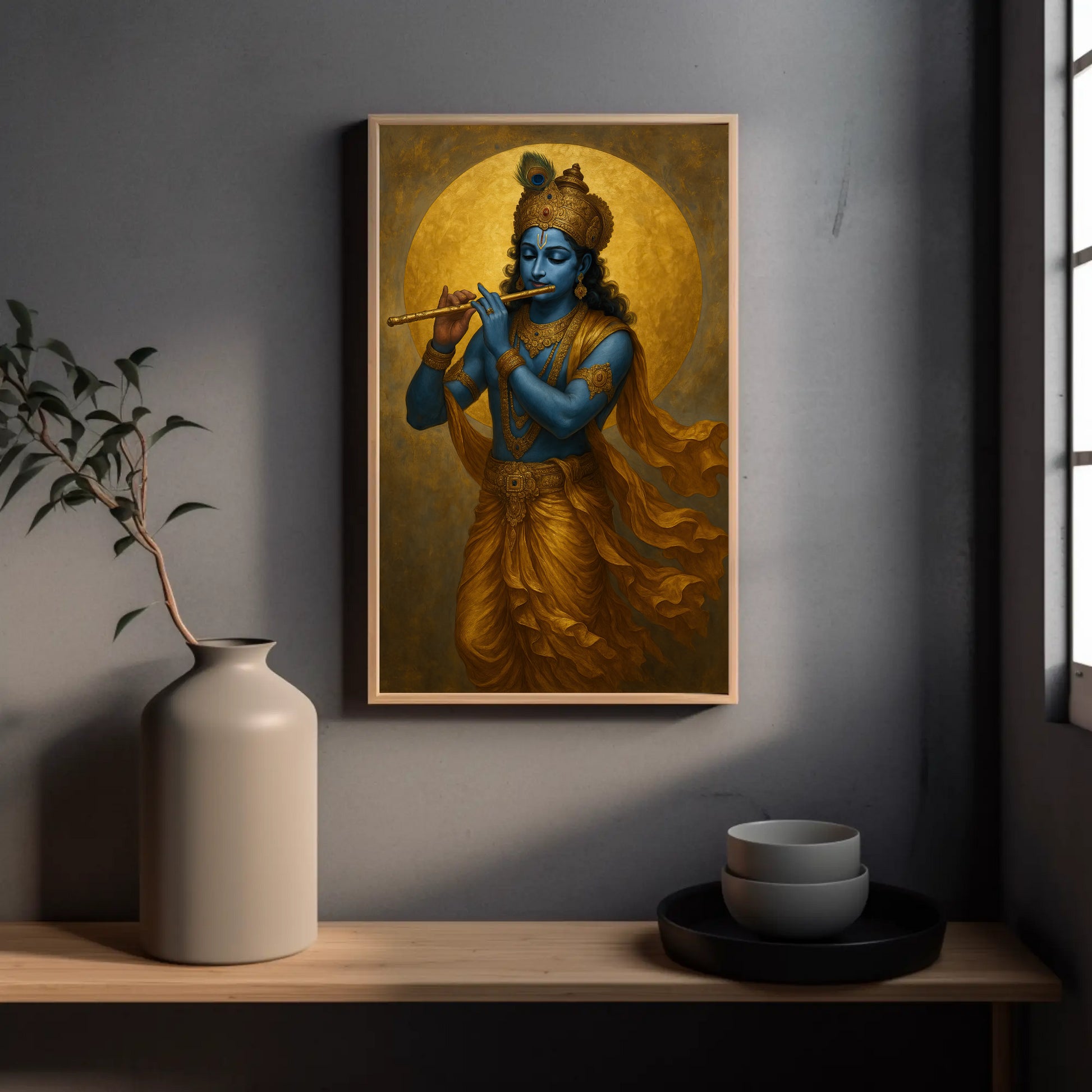 a framed painting of a blue-skinned Hindu deity playing a flute, hanging on a wall above a wooden shelf with a white vase and a black bowl.