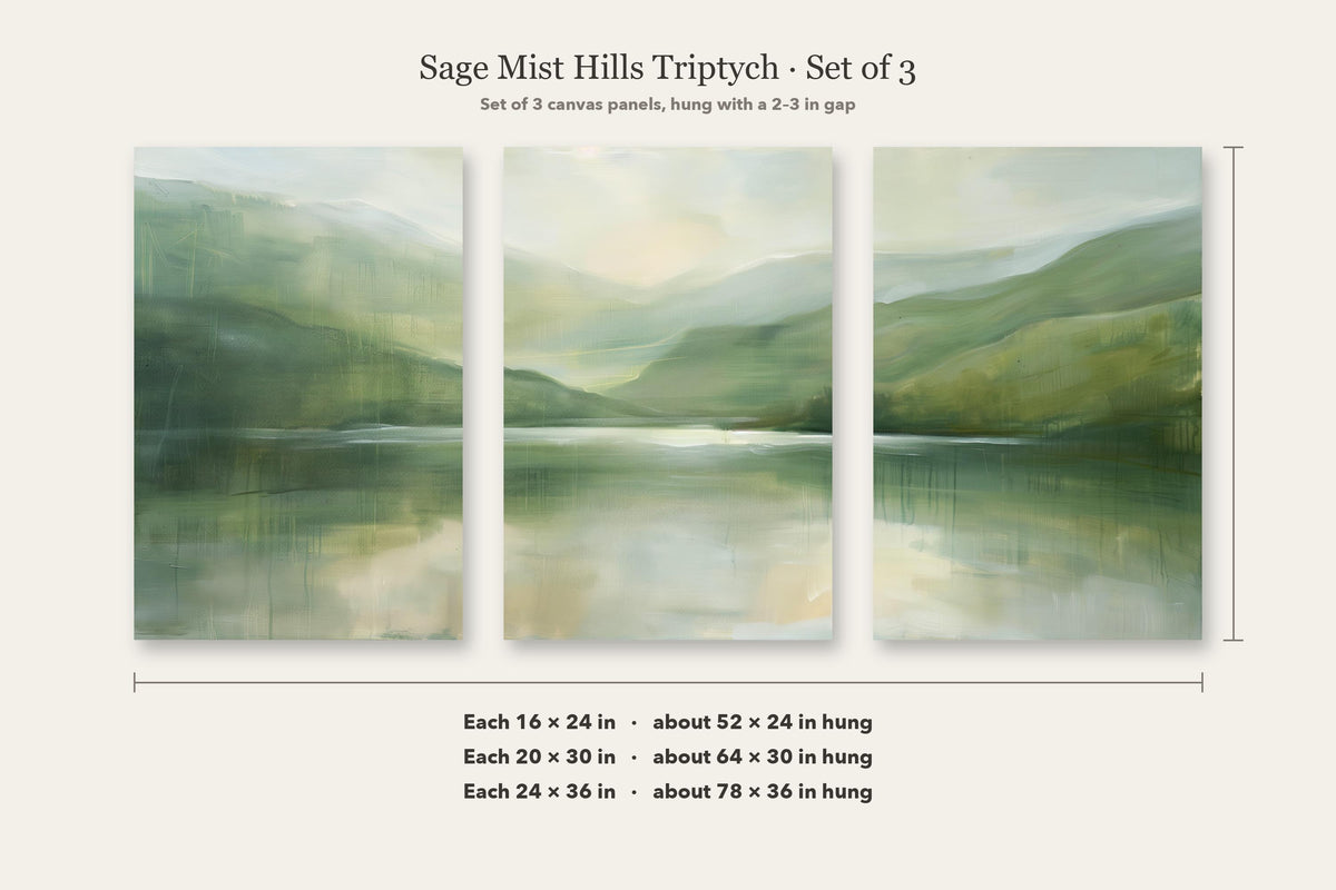 Misty sage lake triptych canvas wall art, image is a set of three paintings depicting a landscape with mountains and a lake.