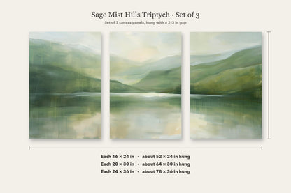 Misty sage lake triptych canvas wall art, image is a set of three paintings depicting a landscape with mountains and a lake.