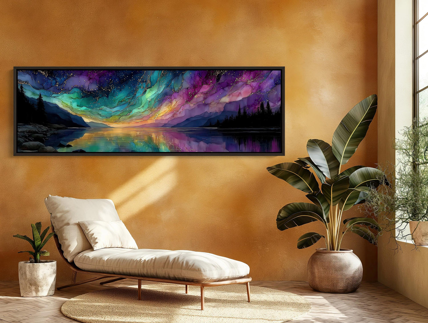 Aurora Lake , Northern Lights Panoramic canvas wall art shown in a styled interior