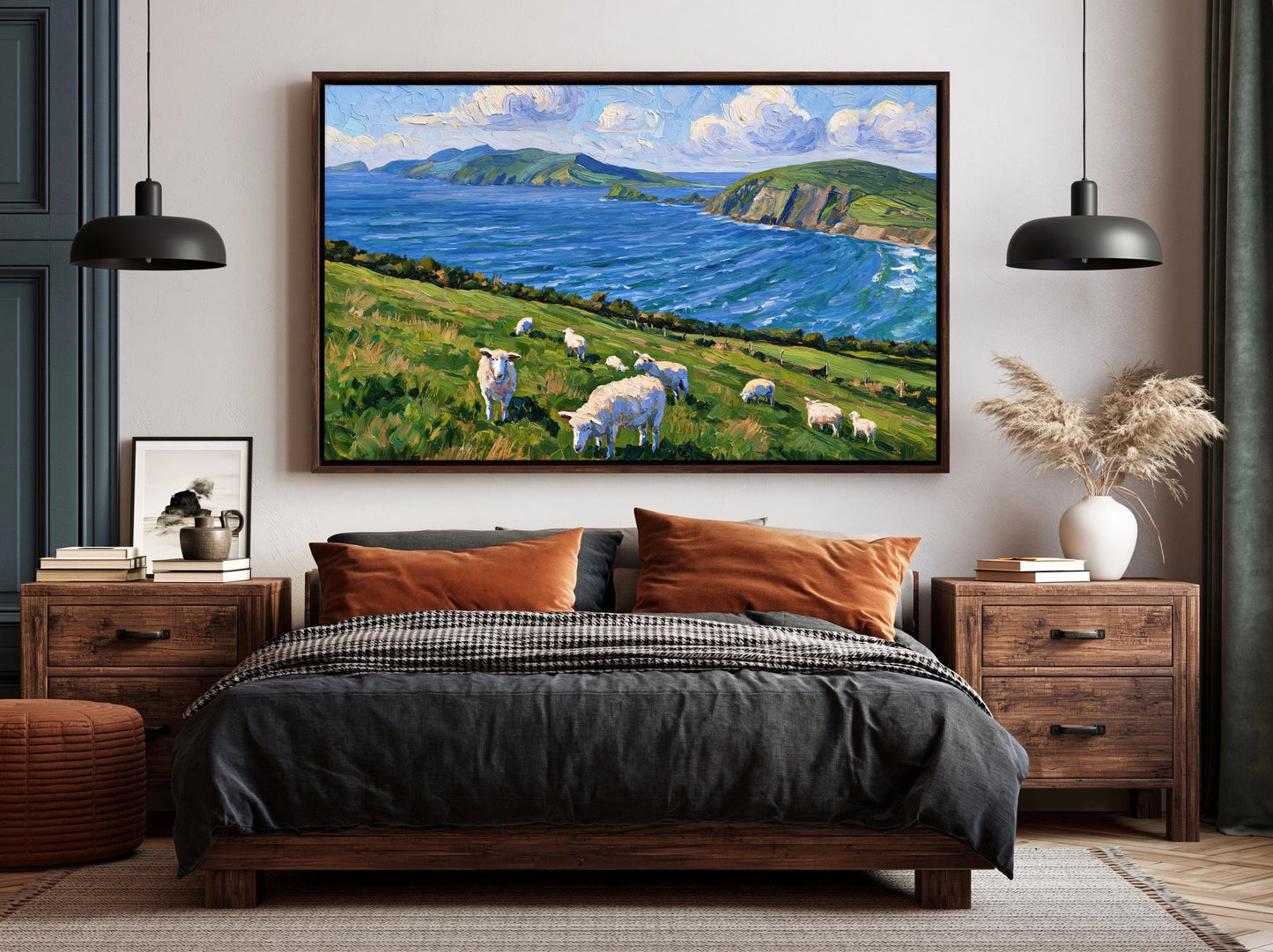 a serene bedroom scene with a large painting of a pastoral landscape hanging on the wall above a bed with a black and white checkered bedspread.