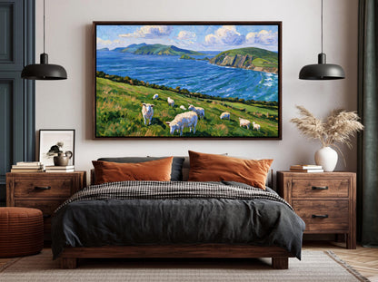 a serene bedroom scene with a large painting of a pastoral landscape hanging on the wall above a bed with a black and white checkered bedspread.