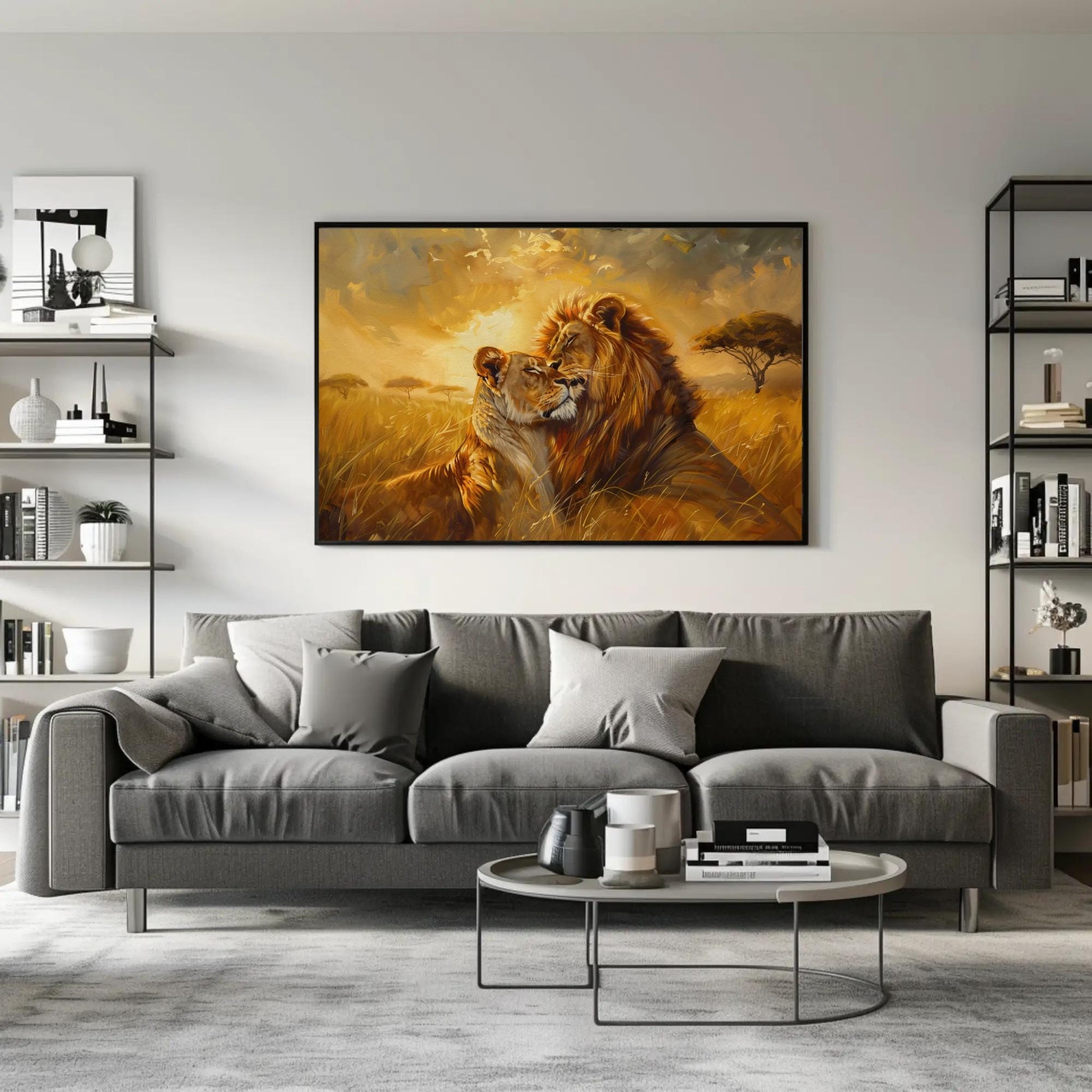 Lion Couple , Romantic Wildlife Sunset canvas wall art shown in a living room