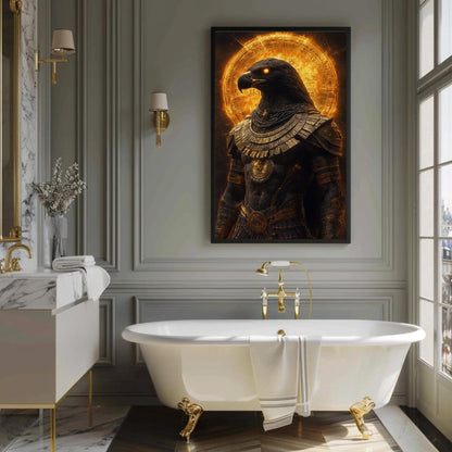 Horus canvas wall art shown in a bathroom