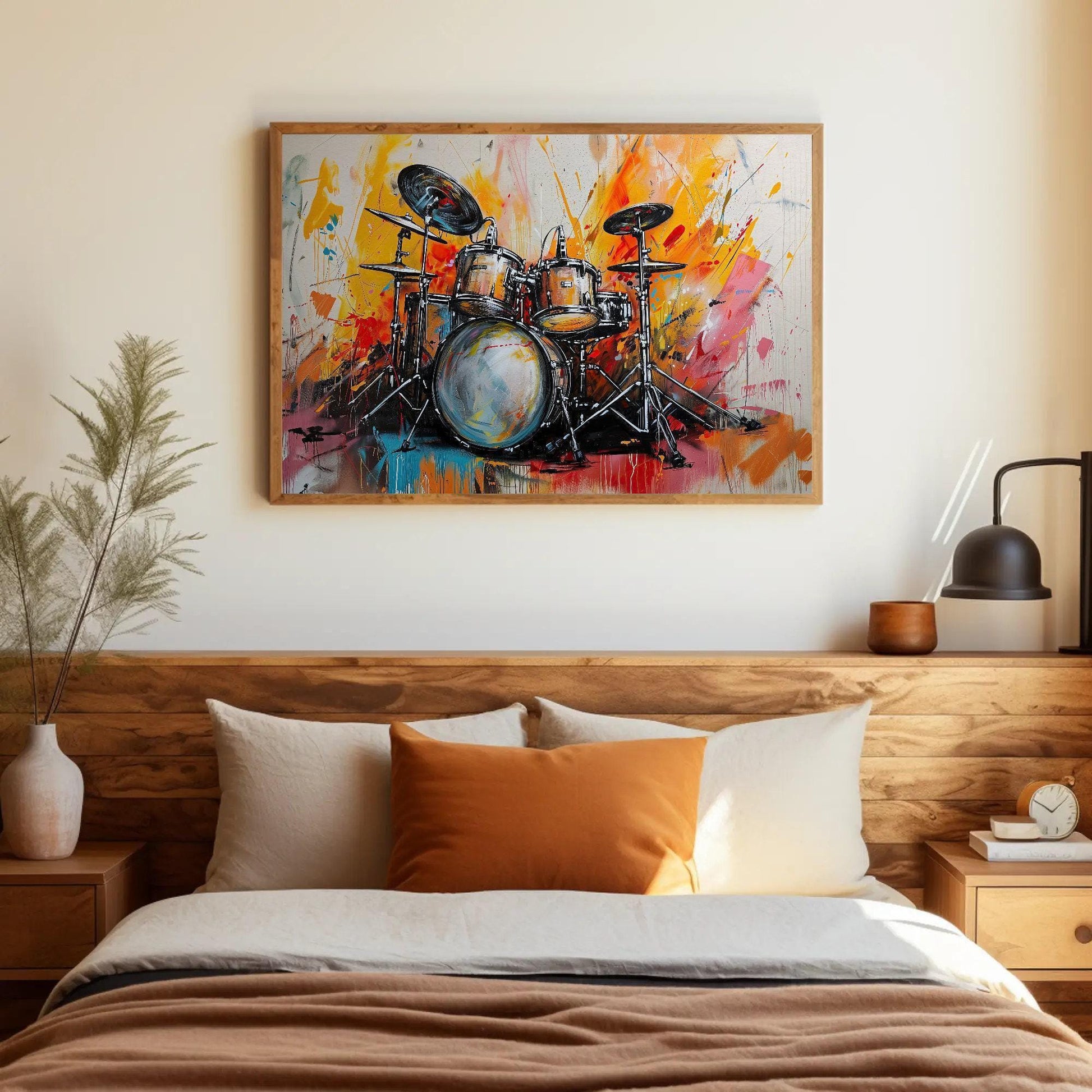 Drum Kit canvas wall art shown above a bed