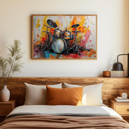 Drum Kit canvas wall art shown above a bed
