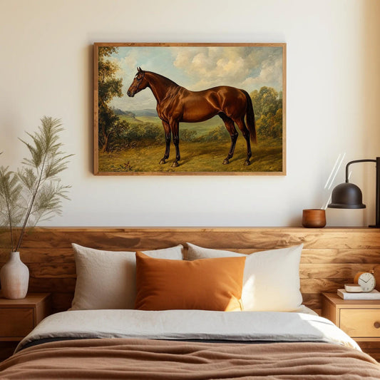 Vintage bay horse canvas wall art in a room setting