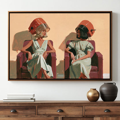 The image is a framed painting depicting two women sitting in chairs, each wearing a hair dryer on their heads.