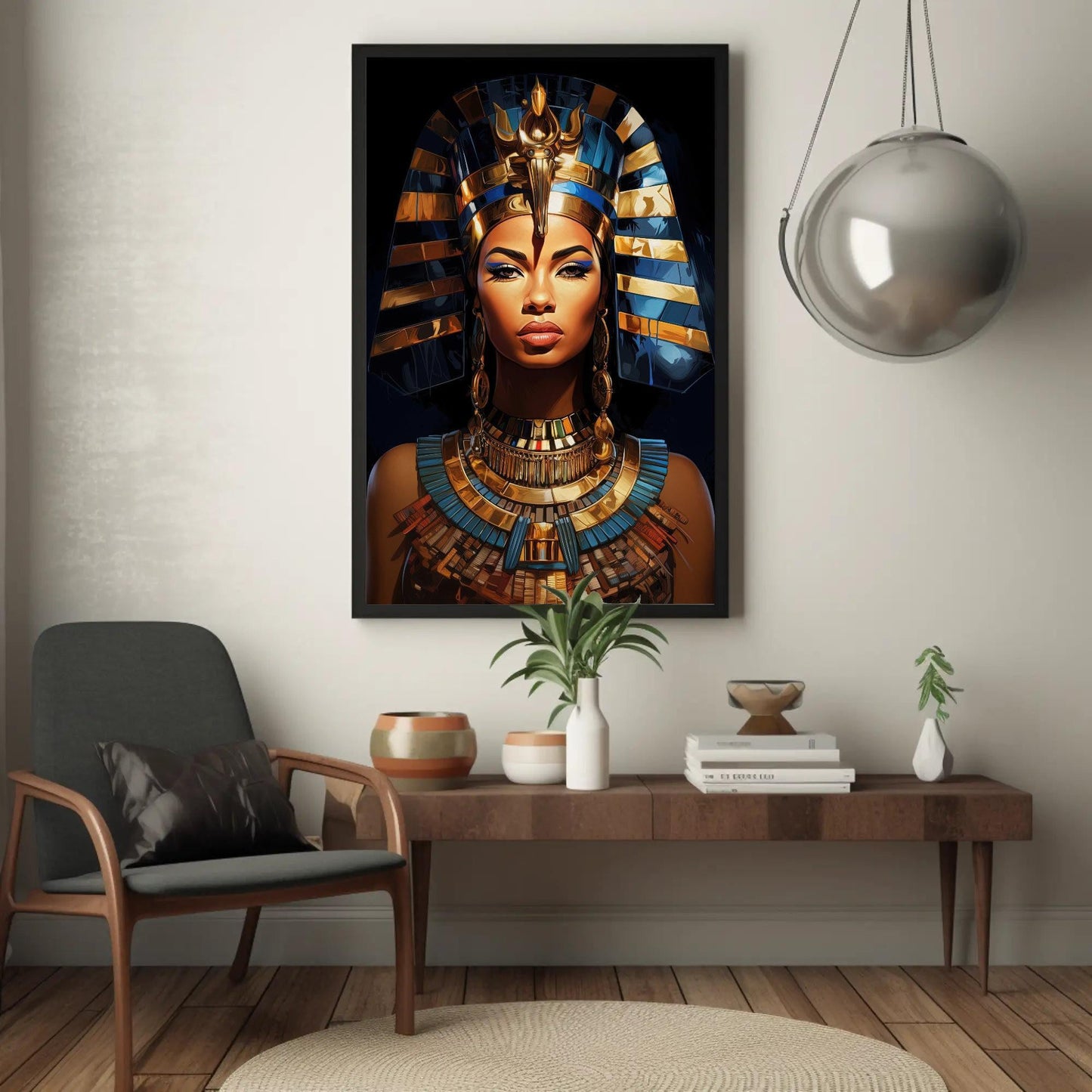 Queen Cleopatra , Egyptian Royal Black canvas wall art in gold tones