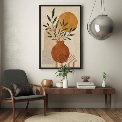 Boho terracotta vase canvas wall art, modern living room with a wooden coffee table, a gray armchair, and a framed abstract