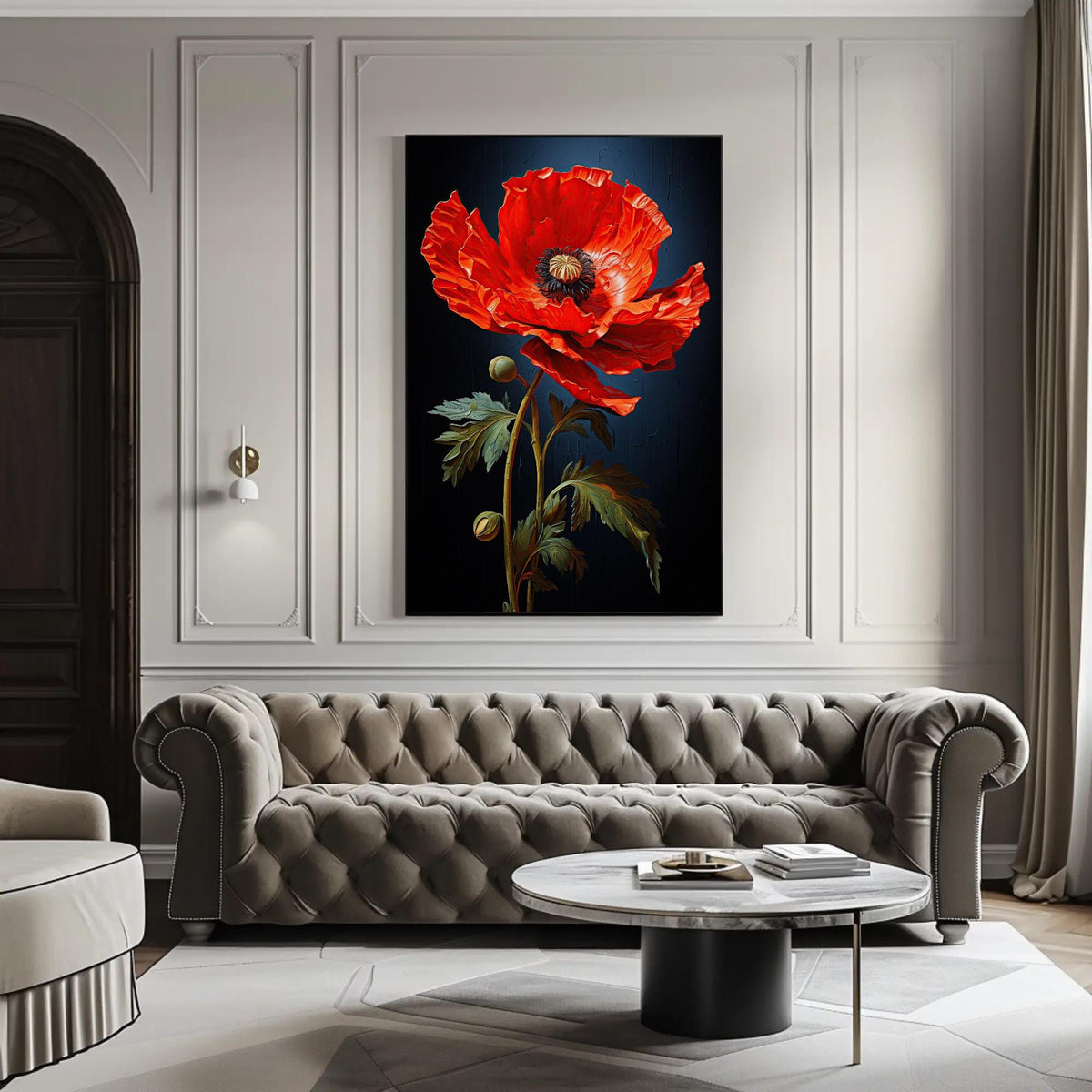 Red poppy on navy canvas wall art, large, vibrant red flower in a dark background, hanging on a wall above a gray tufted sofa