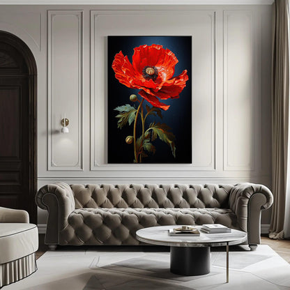 Red poppy on navy canvas wall art, large, vibrant red flower in a dark background, hanging on a wall above a gray tufted sofa