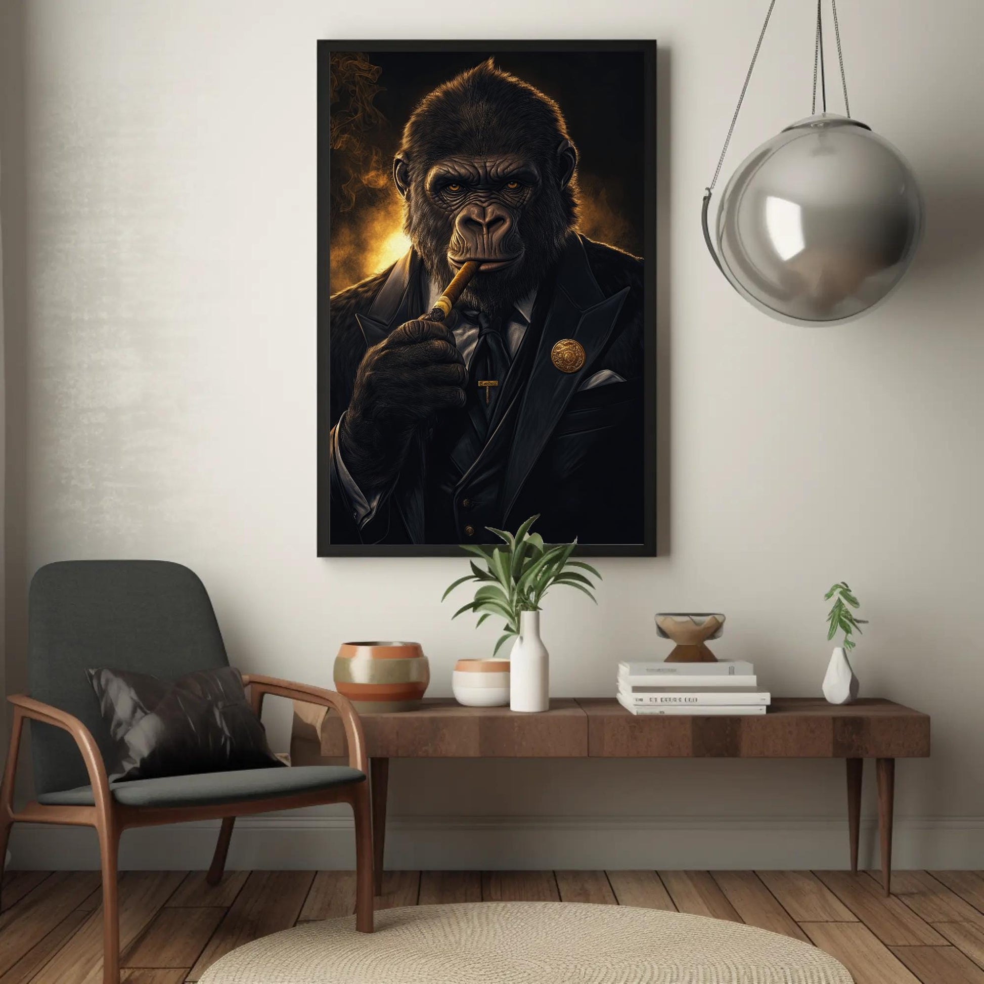 Suited Gorilla canvas wall art shown in a styled room (view 2)