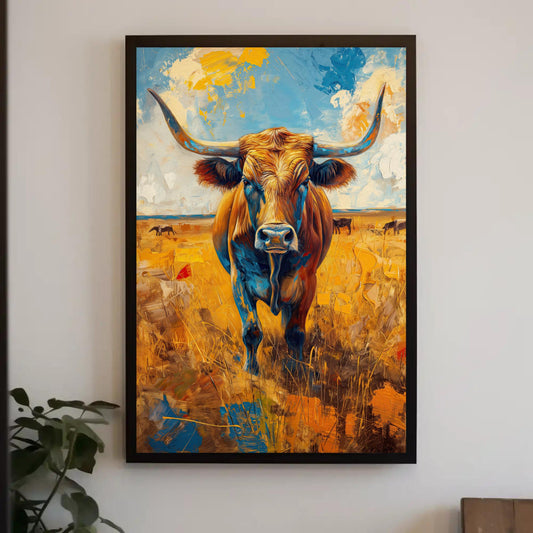 a painting of a bull is hanging on a wall