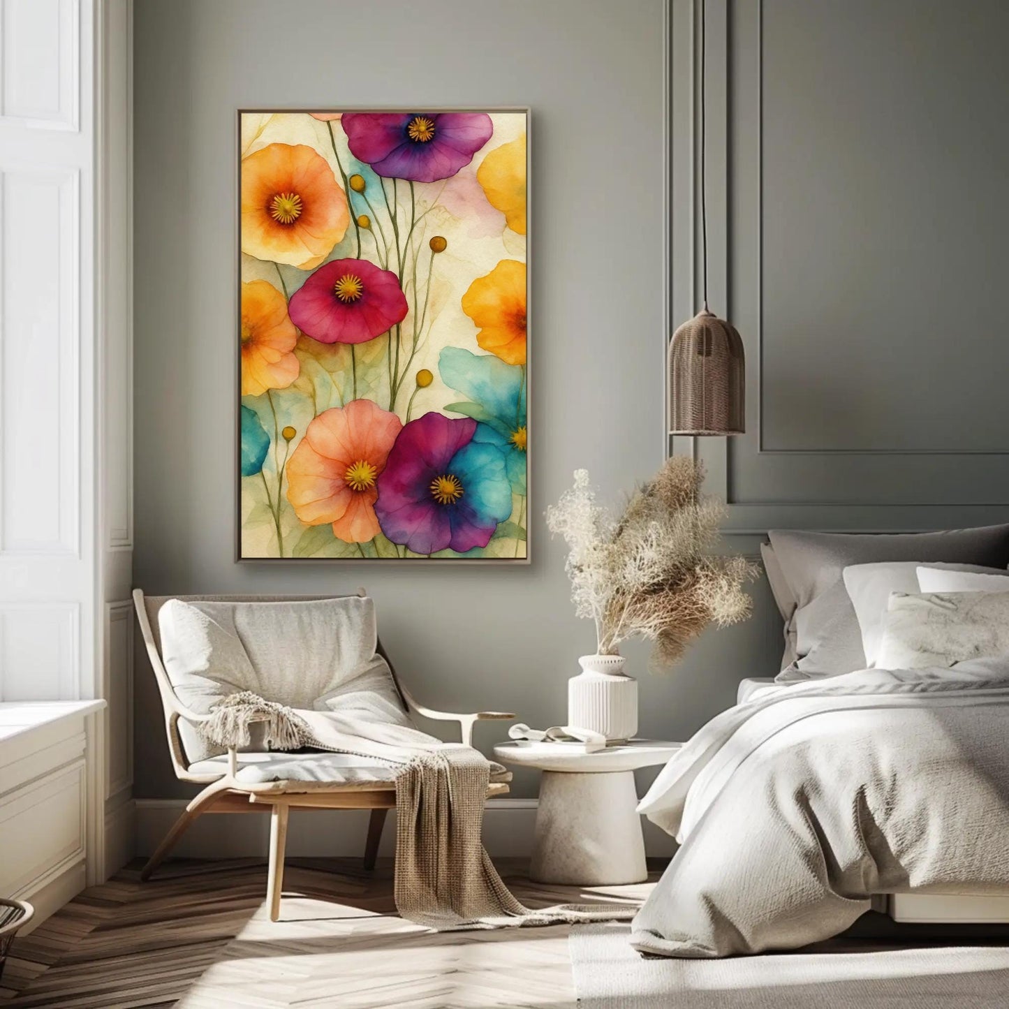 Colorful Poppy , Abstract Watercolor Floral canvas wall art, gallery-wrapped or framed