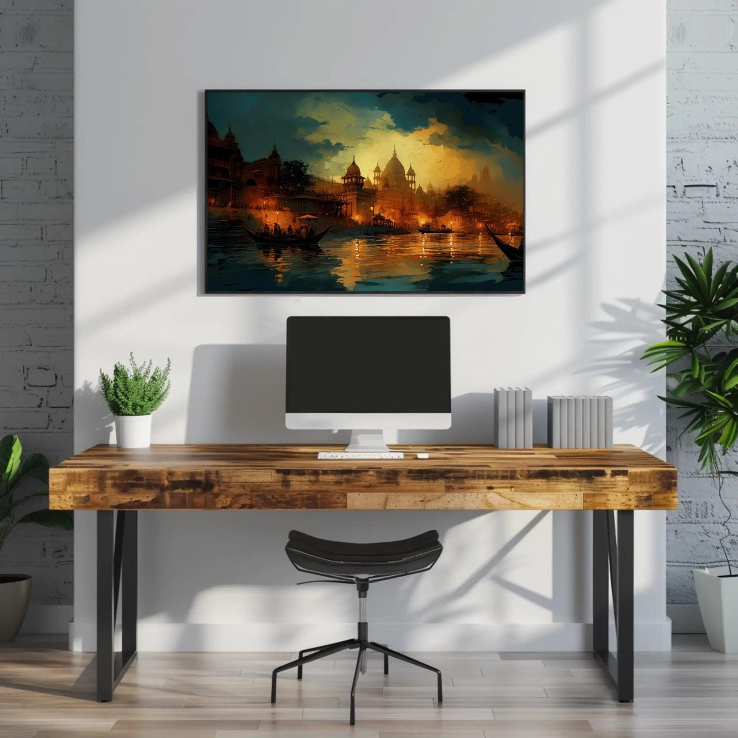 Varanasi Nightscape modern canvas wall art, ready to hang (view 2)