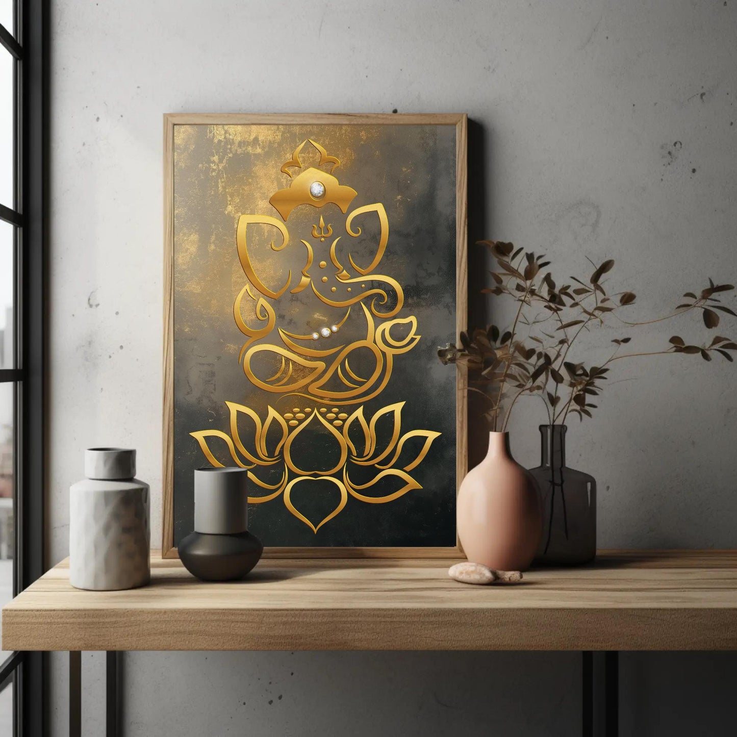 Ganesha canvas wall art shown in a styled room