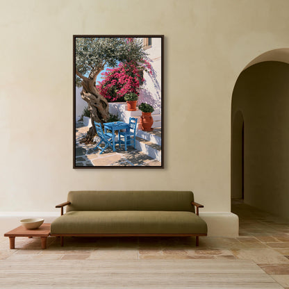 Greek taverna courtyard canvas wall art, cozy living room with a large framed picture of a tree and flowers hanging on the