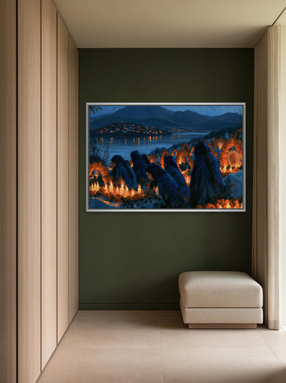 Day of the Dead candlelit vigil canvas wall art, large framed painting of a serene landscape with a body of water and