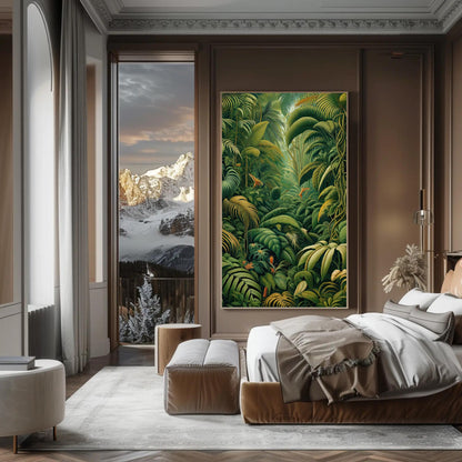 Henri Rousseau Jungle , Vintage Botanical canvas wall art shown in a bedroom