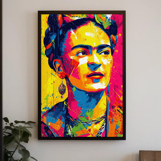 The image is a vibrant, colorful painting of a woman's portrait, featuring bold splashes of color and intricate details.
