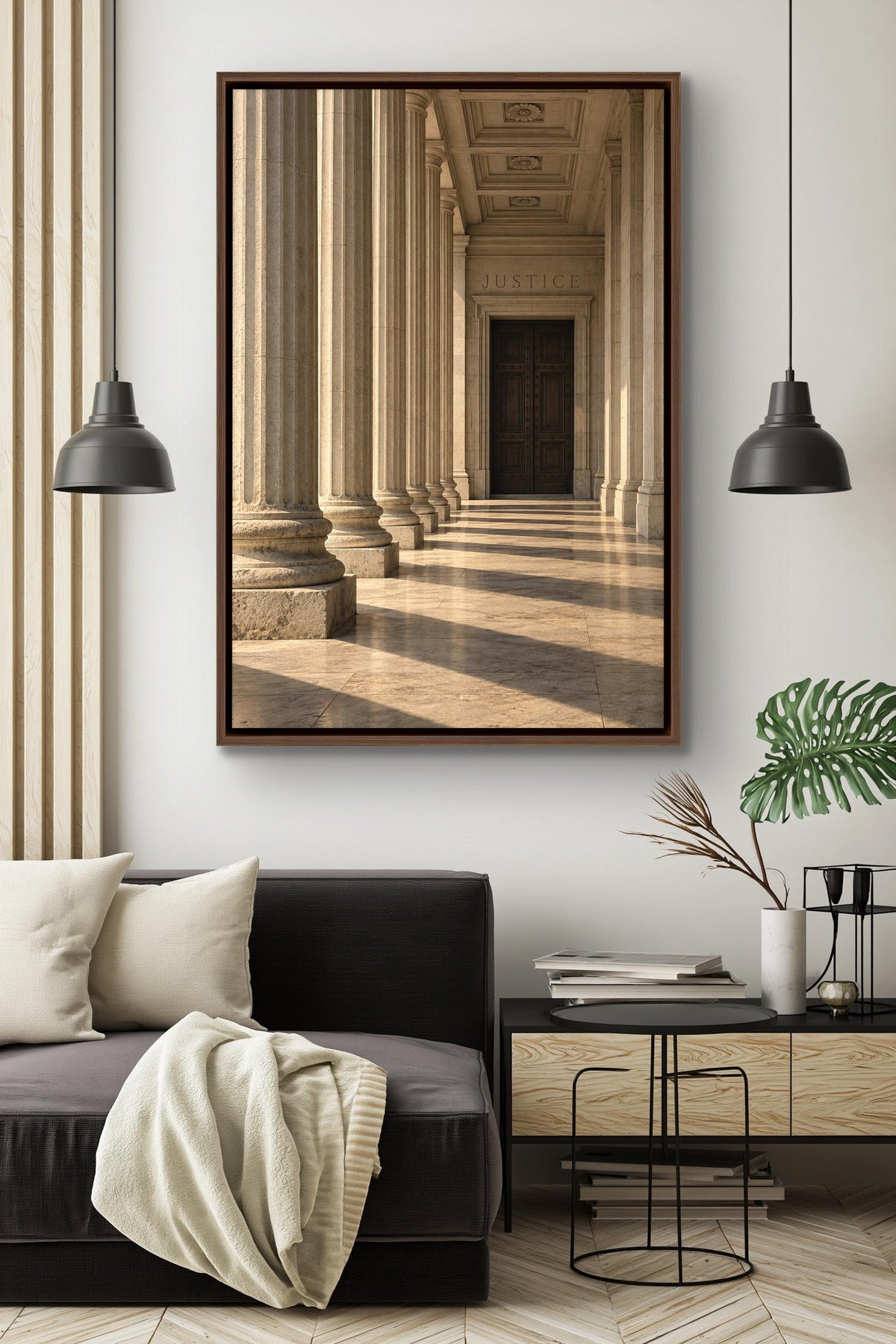 a grand hallway with a series of tall, white columns leading to a dark wooden door, creating a sense of depth and perspective.