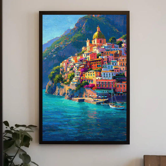 Positano Amalfi Coast Painting – Vertical Italian Village Canvas Print | Mediterranean Wall Art