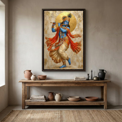 a large painting of a Hindu deity, specifically Krishna, playing a flute. The painting is displayed on a wall above a wooden table, which has various decorative items such as vases and bowls on it.