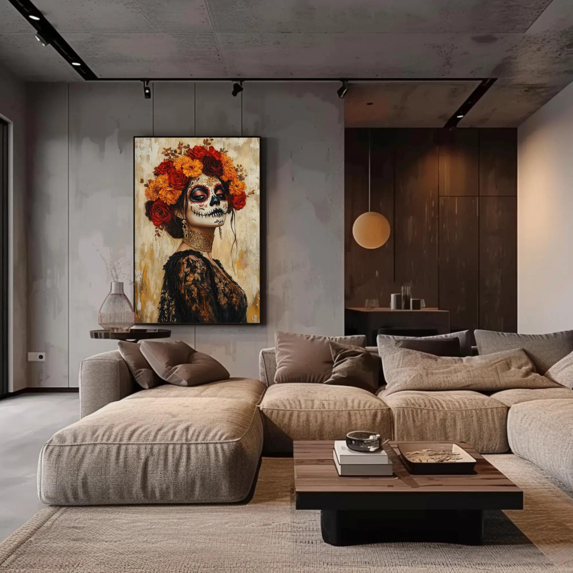 Sugar Skull canvas wall art shown in a living room