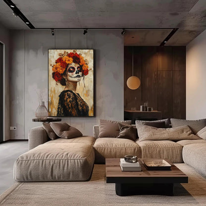 Sugar Skull canvas wall art shown in a living room