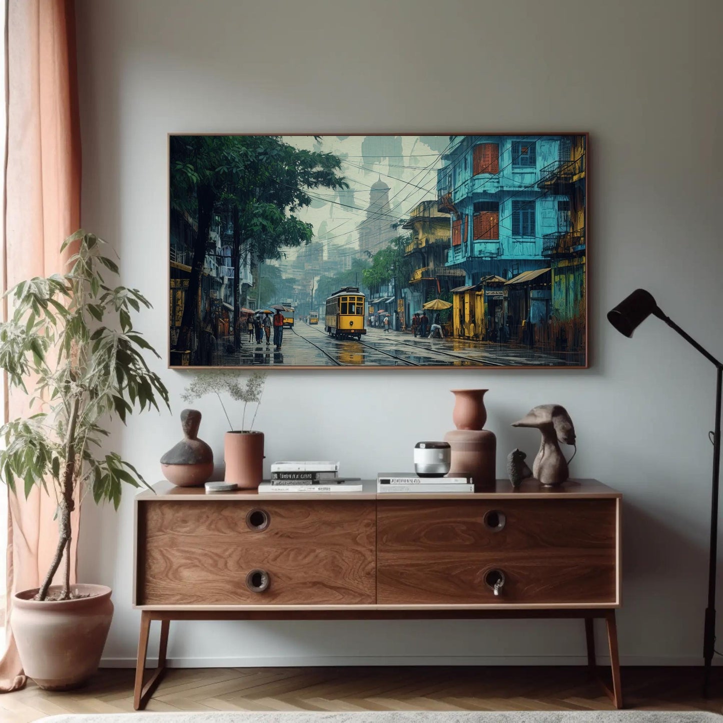Kolkata , Vibrant Bengali City Street canvas wall art shown in a styled room