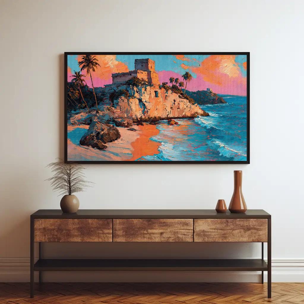Tulum Ruins Oil Painting canvas wall art shown above a console table