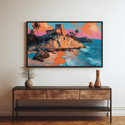 Tulum Ruins Oil Painting canvas wall art shown above a console table