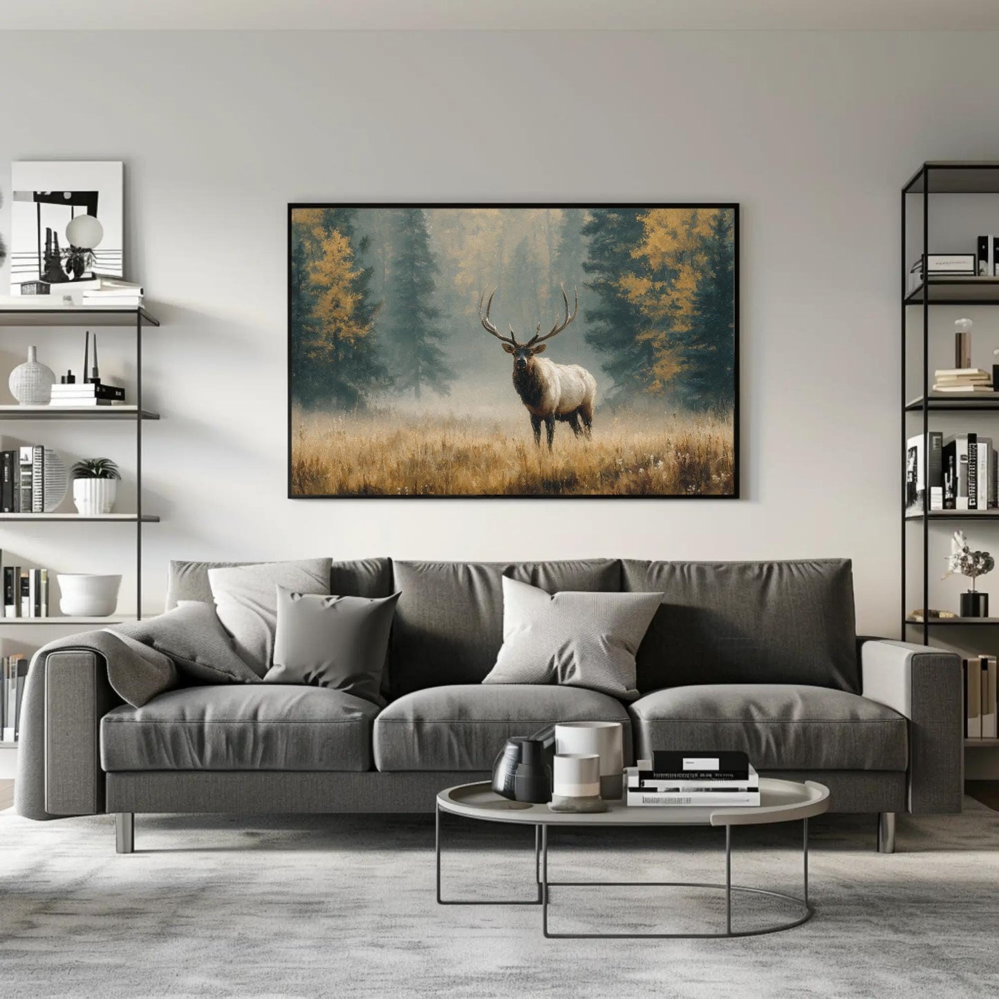 Majestic Elk canvas wall art shown in a living room