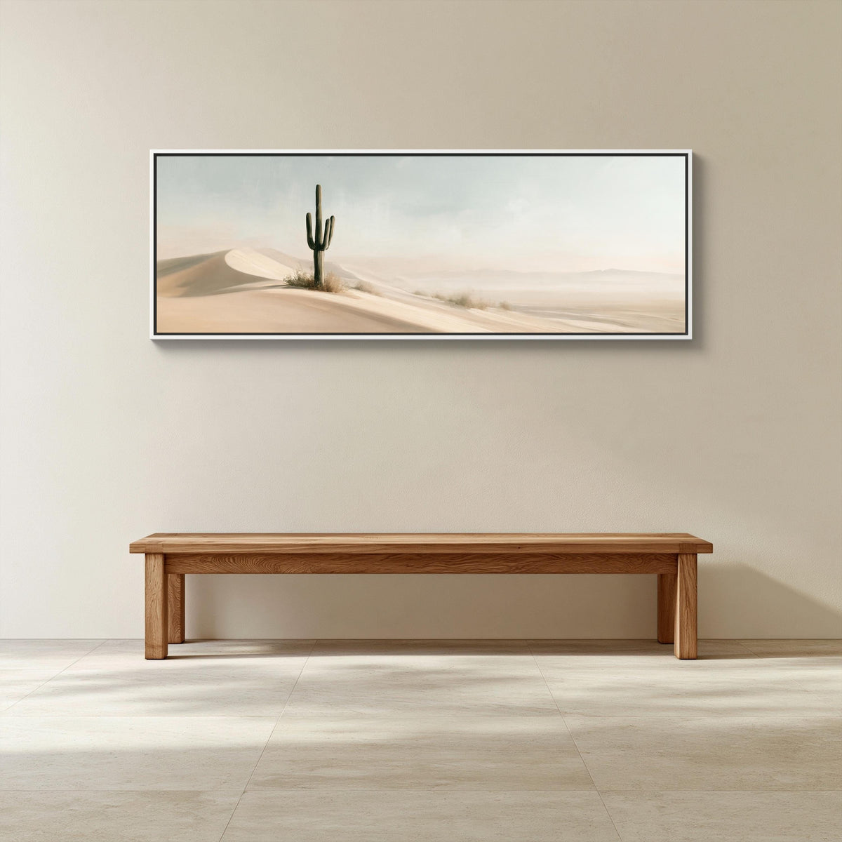 Lone saguaro on sand dunes canvas wall art, framed painting of a desert landscape with a lone cactus in the foreground hangs