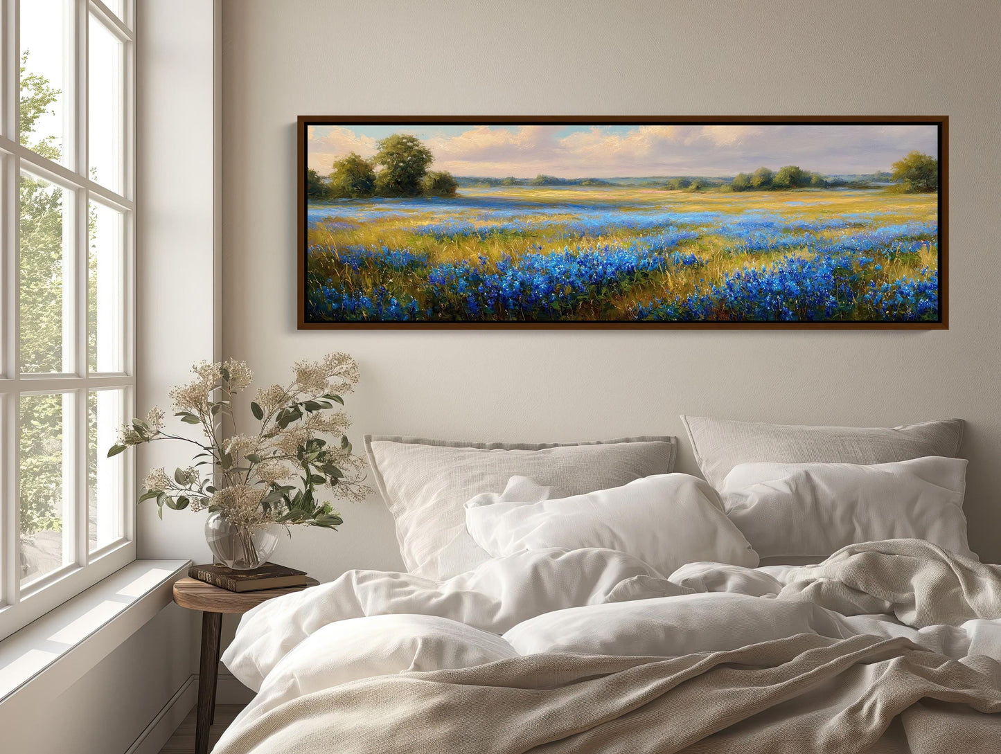 Bluebonnet canvas wall art shown above a bed