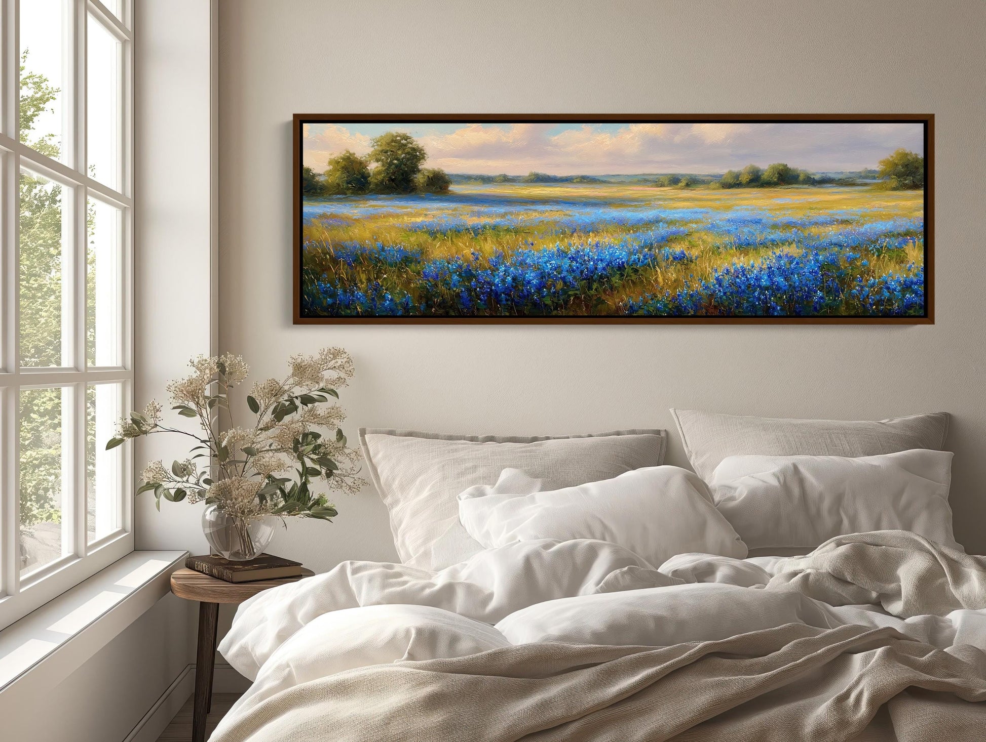 Bluebonnet canvas wall art shown above a bed