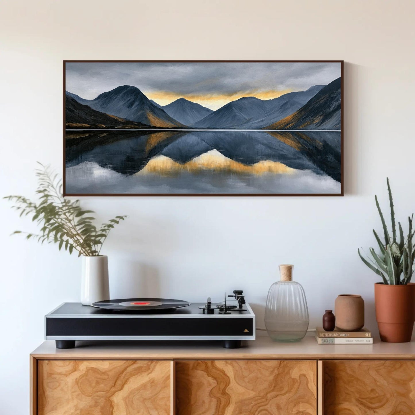 Panoramic Mountain Lake Art canvas wall art shown above a cabinet