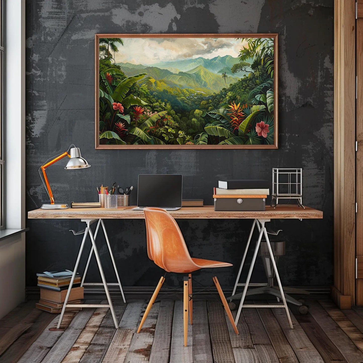 Costa Rica Tropical , Pura Vida Jungle canvas wall art shown above a desk (view 2)