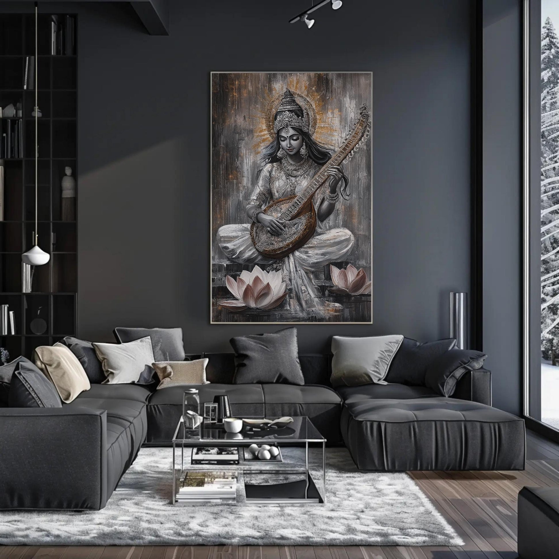 Goddess Saraswati , Hindu Wisdom canvas wall art shown in a living room