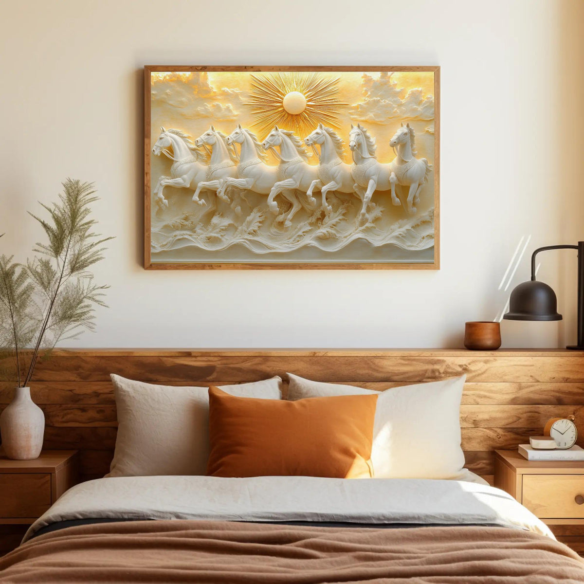 a large, ornate, and detailed painting of a group of white horses running across a landscape, mounted on a wooden wall above a bed with a wooden headboard.