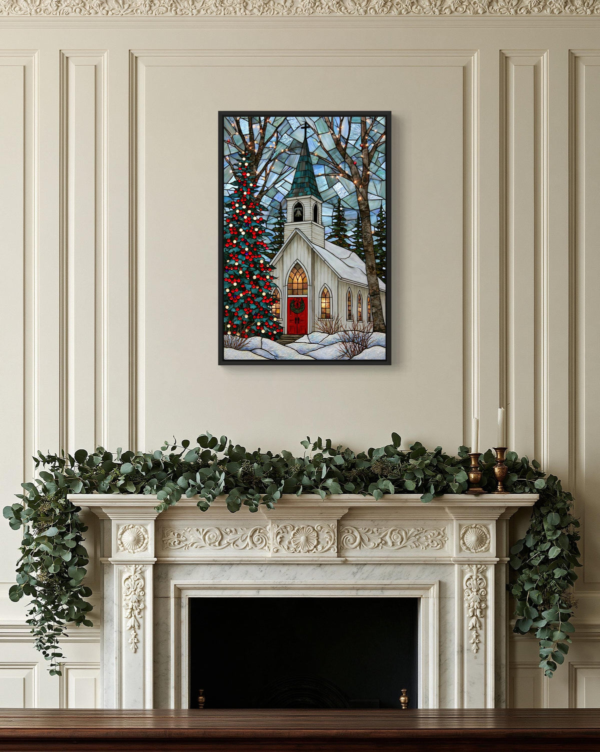 Christmas chapel stained glass canvas wall art, white fireplace with a framed stained glass picture of a church with a red
