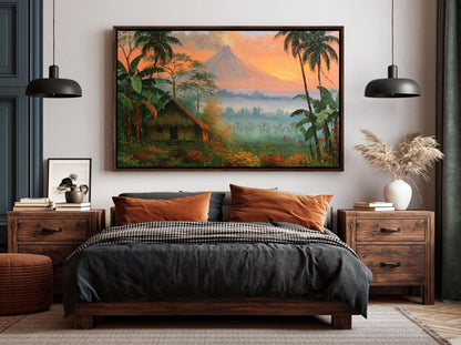 a serene bedroom scene with a large painting of a tropical landscape hanging above a bed with a black and white checkered bedspread. The room features wooden furniture, including a dresser and nightstands, and a potted plant on the nightstands. The overall atmosphere of the room is calm and inviting, with a harmonious blend of natural and man-made elements.