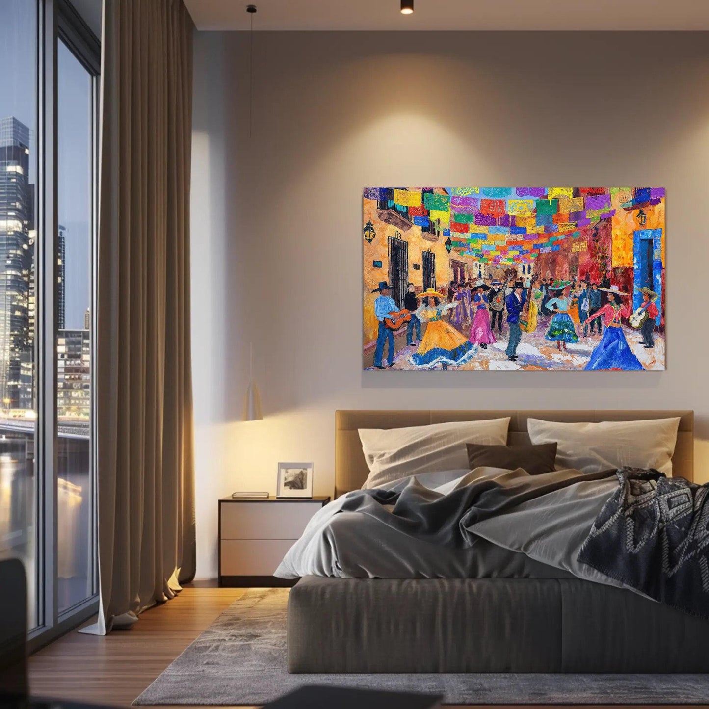 Mexican Street canvas wall art shown in a bedroom