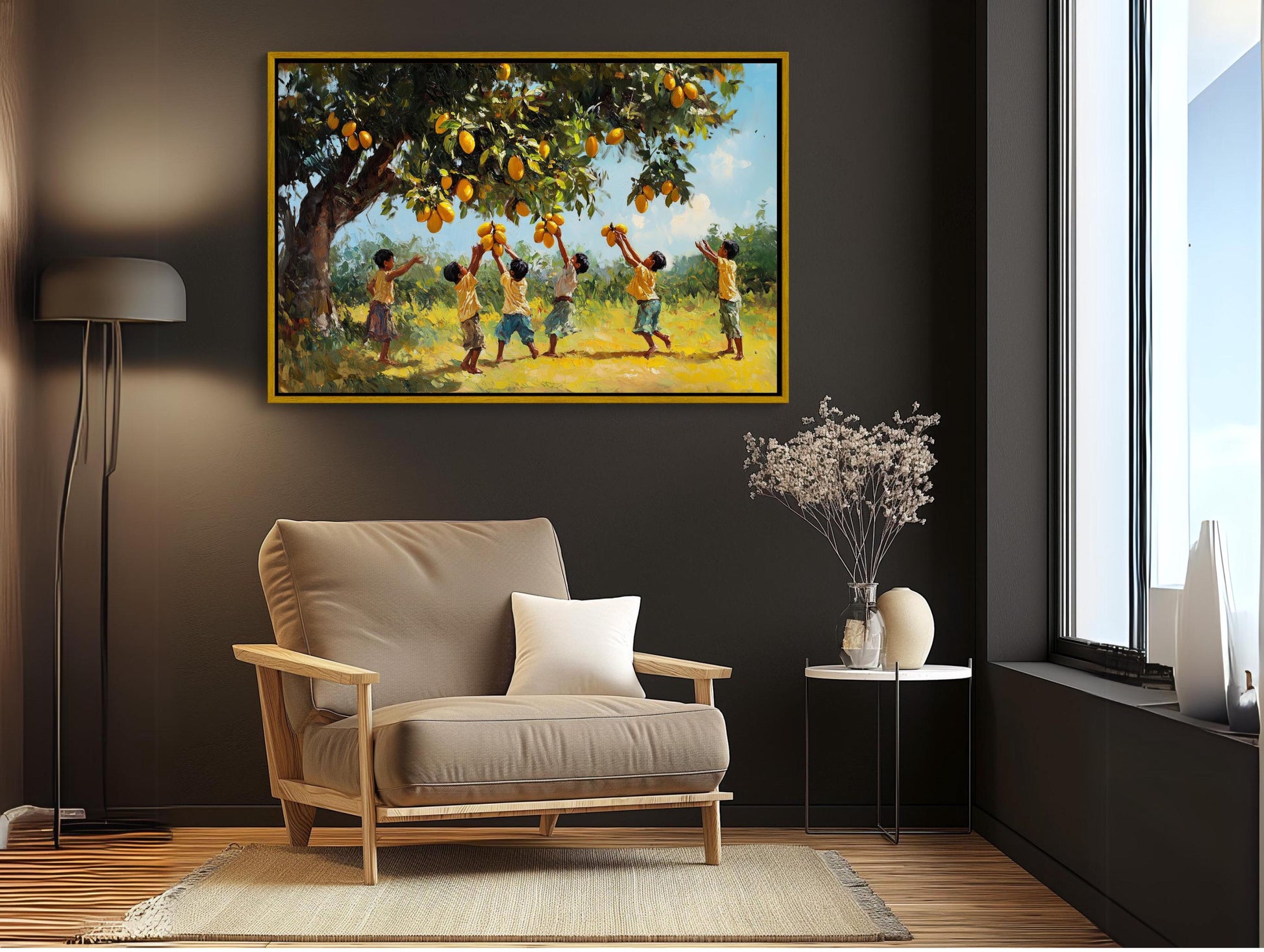 Indian Kids Mango Tree , Desi Children canvas wall art shown in a living room