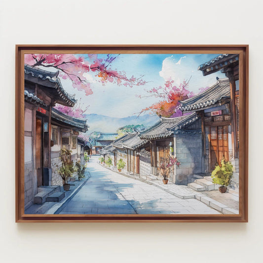 Korean Watercolor Canvas Print, Traditional Hanok Wall Art