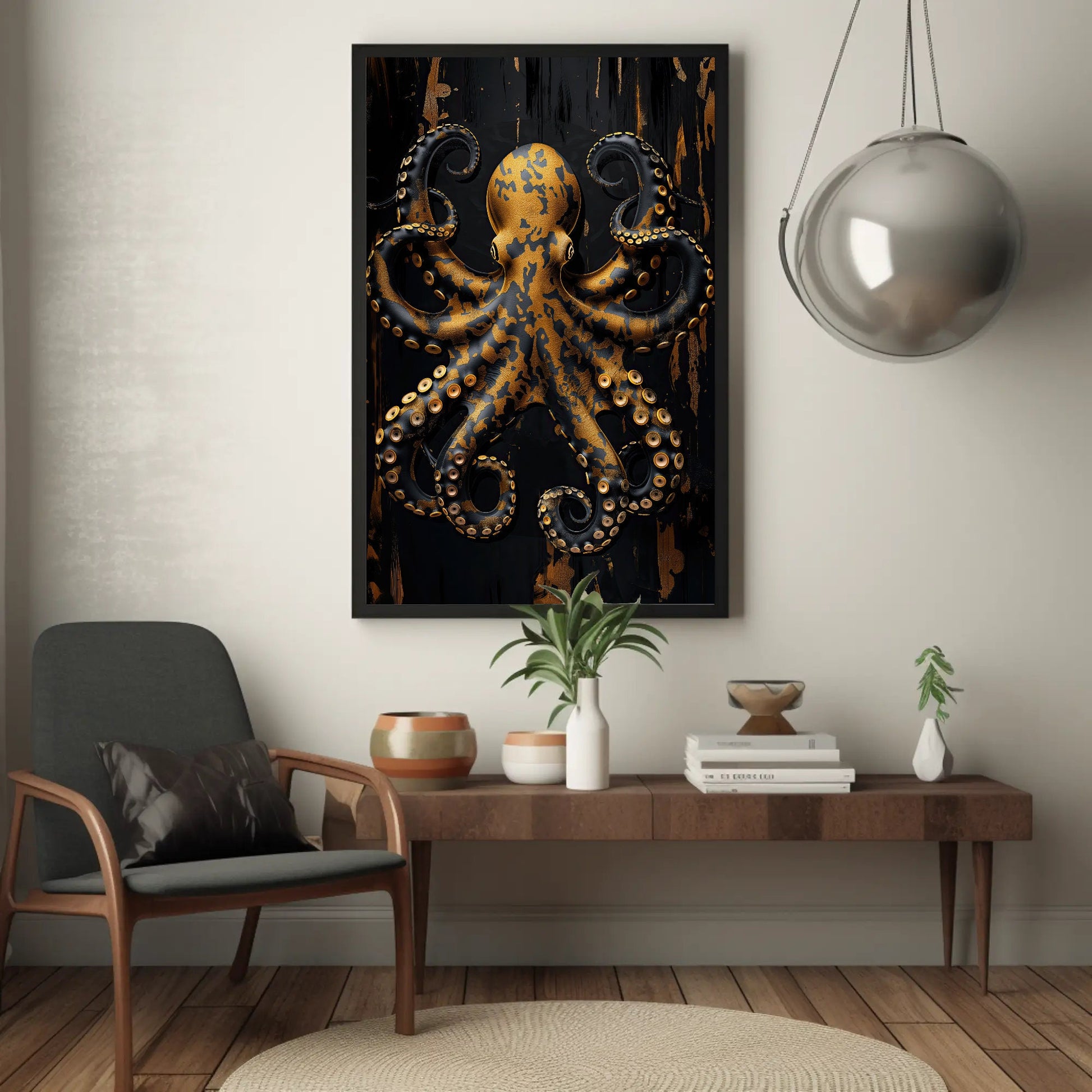 a living room with a chair and a painting on the wall